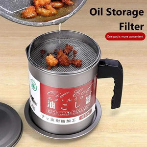 Oil storage filter with food being drained into a pot on a wooden surface
