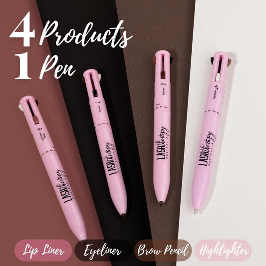 Retail packaging of the 4 in 1 multi-effect makeup pen with beauty accessories.