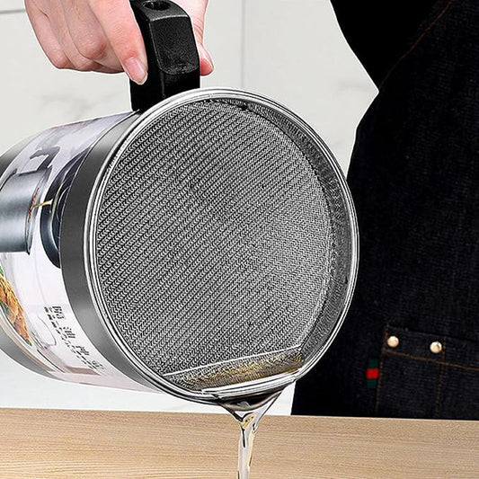 Stainless Steel Oil Filter Pot with Fine Mesh Strainer for Reusable Cooking Oil