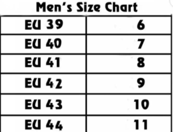 Men's sandals size chart EU 39 to 44