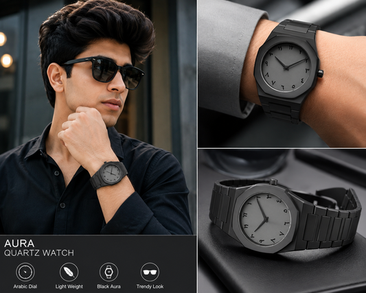 Black Aura quartz watch for men with Arabic dial and premium modern design