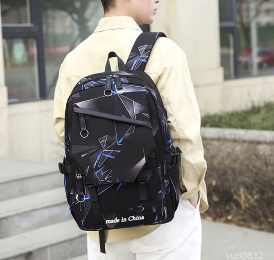 Black geometric school backpack with spacious compartments and adjustable shoulder straps