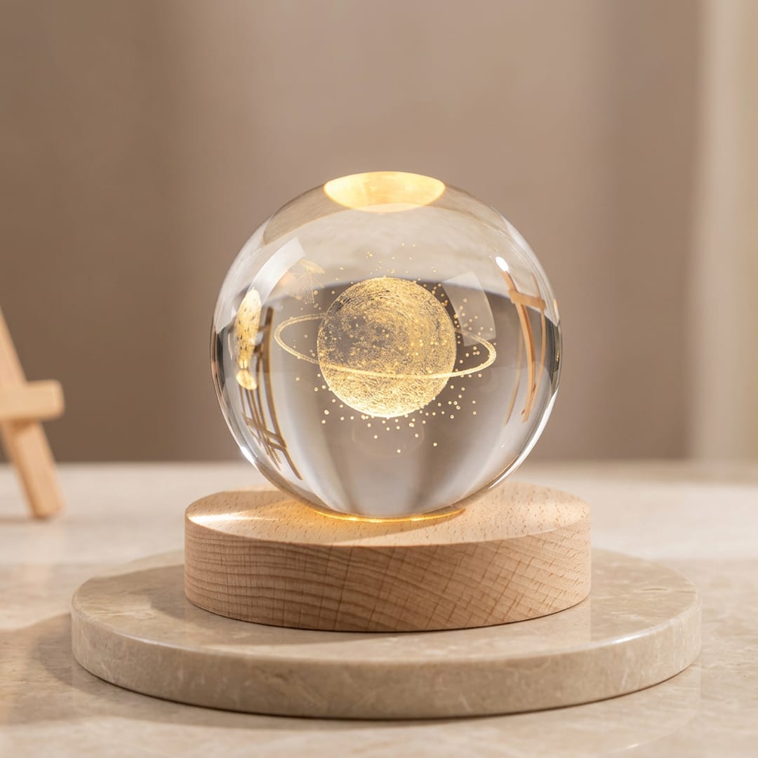 3D Crystal Ball LED Night Lamp with Wooden Base