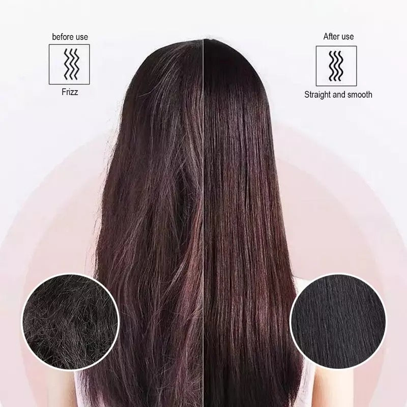Before and after results using the 909 hair straightener comb for silky straight hair.