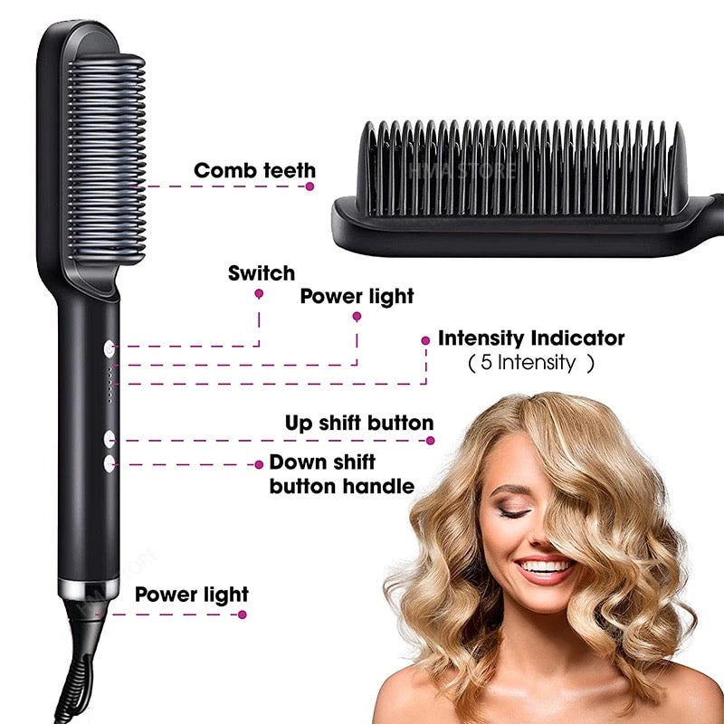 Product features of the 909 hair straightener comb with LED temperature display and anti-scalding protection.