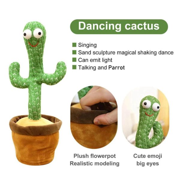 Dancing cactus toy with features listed on a white background