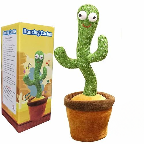 Plush dancing cactus toy with pot and box on a white background