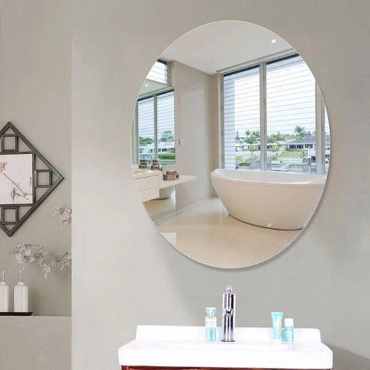 Self Adhesive Acrylic Oval Mirror Wall Sticker installed in a modern bathroom
