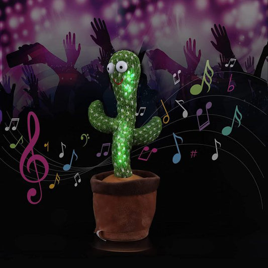 Animated cactus with glowing green body and white eyes, surrounded by musical notes and a dark background.
