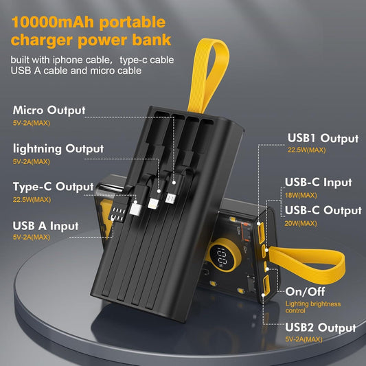 Portable Power Bank with Built-in Charging Cables
