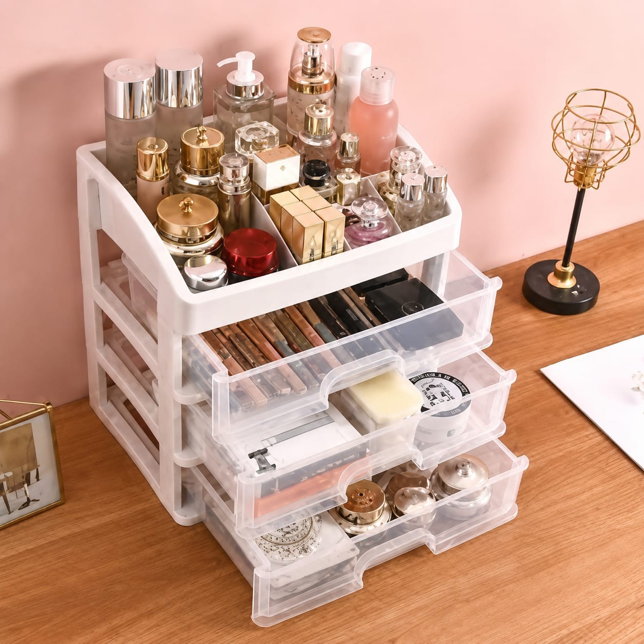 3 Layer Cosmetic Organizer with Transparent Drawers for Makeup Storage
