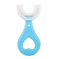 parent helping child use u-shaped silicone toothbrush