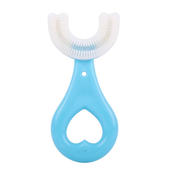 parent helping child use u-shaped silicone toothbrush