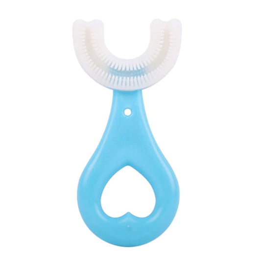 parent helping child use u-shaped silicone toothbrush