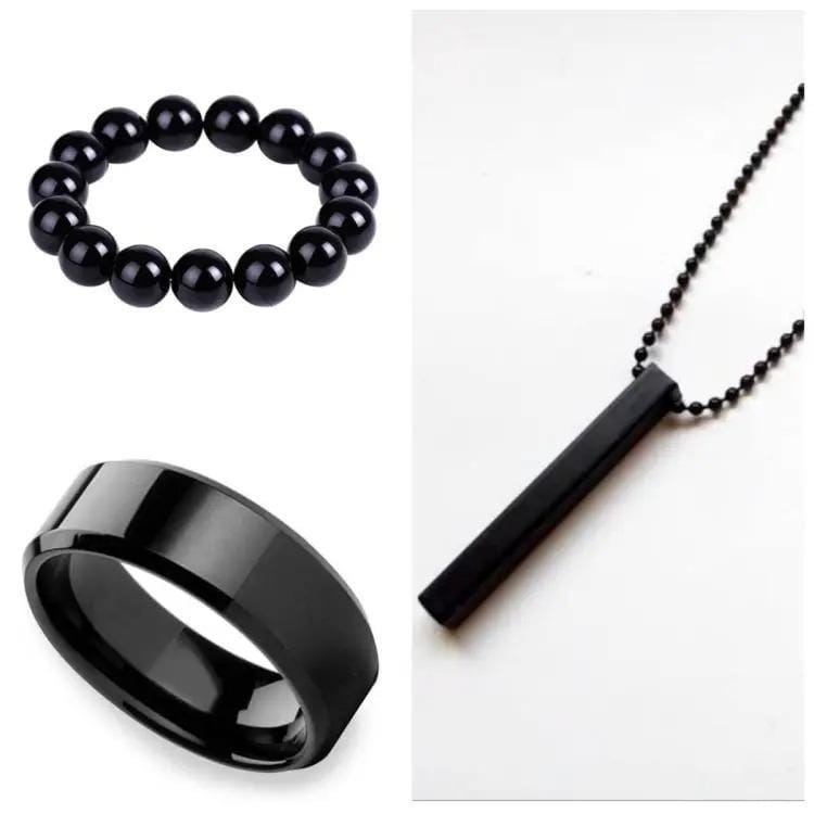 Men's black jewelry set with ring, bracelet and pendant necklace