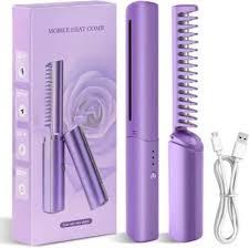 Portable Hair Straightening Brush Kit with USB Charging Cable and Hair Clips for Women