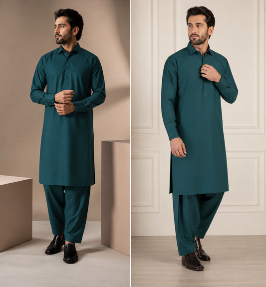 Premium Dark Teal Men's Wash & Wear Unstitched Shalwar Kameez Fabric with Modern Classic Fit – High Quality Formal & Casual Wear