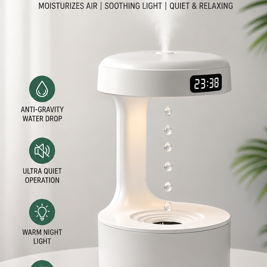 anti-gravity water drop humidifier with LED clock and mist
