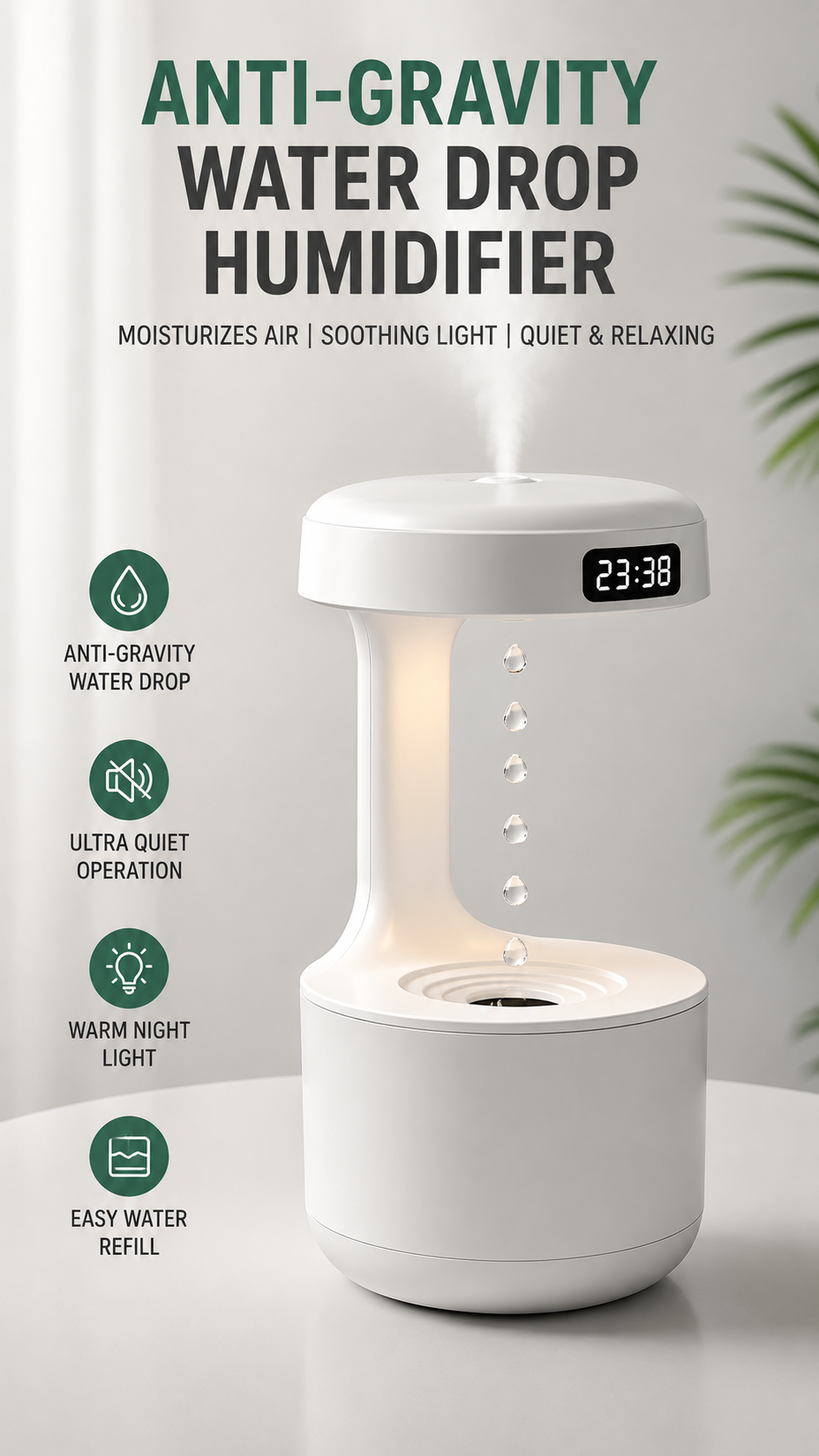 anti-gravity water drop humidifier with LED clock and mist