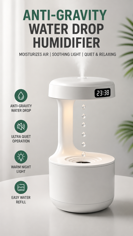 anti-gravity water drop humidifier with LED clock and mist