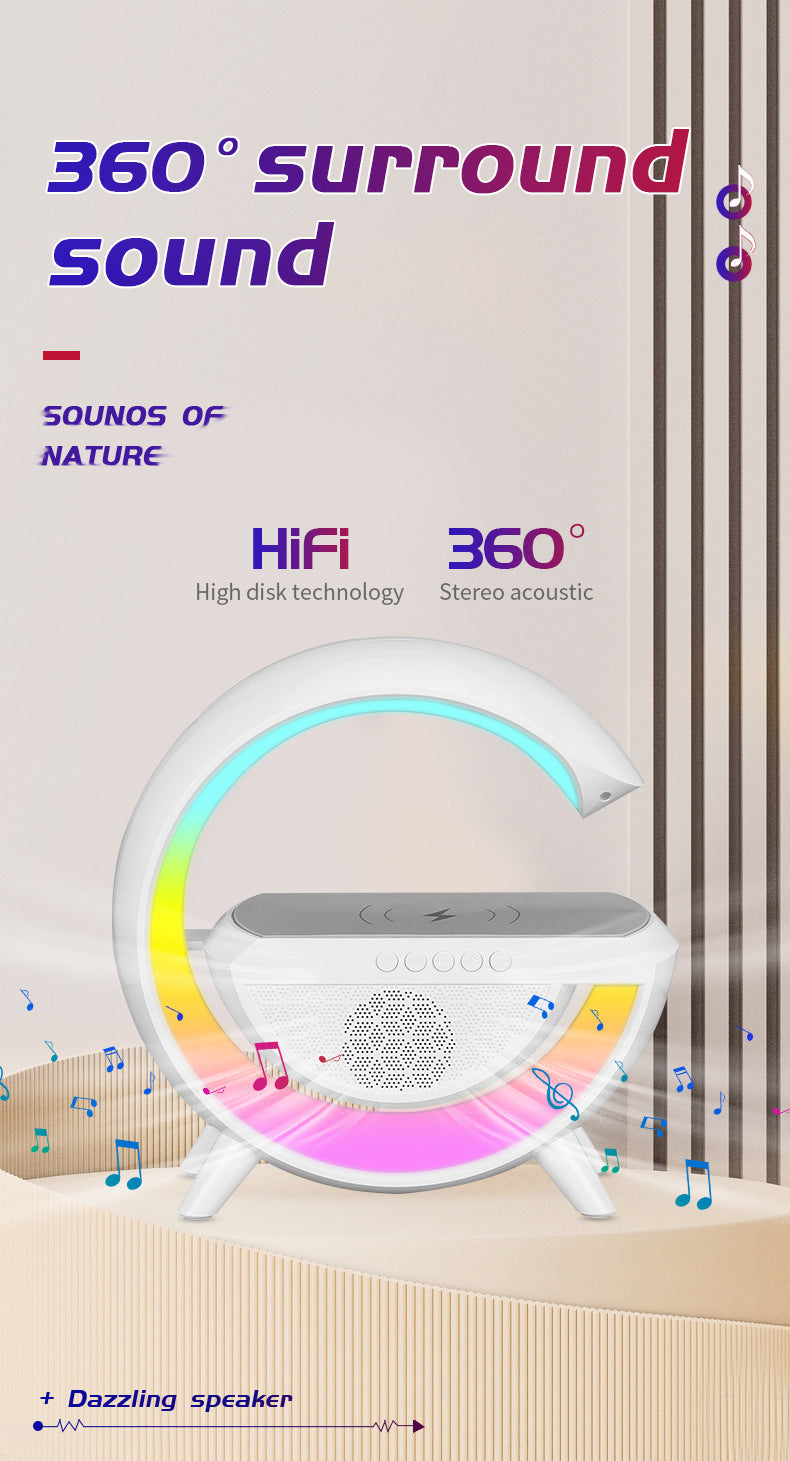 White RGB Bluetooth speaker with 360 degree surround sound and colorful LED lighting