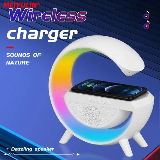 White RGB wireless charger Bluetooth speaker with phone stand and modern circular design