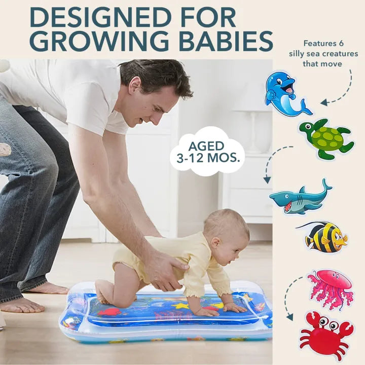 Baby water play mat designed to support tummy time and gross motor development