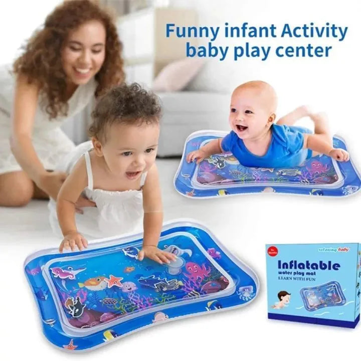 Parent and baby using a colorful water play mat for tummy time sensory activity