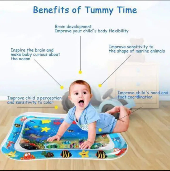 Baby water tummy time mat with colorful floating ocean toys for sensory play
