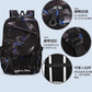Black geometric backpack showing multiple pockets zippers and storage compartments