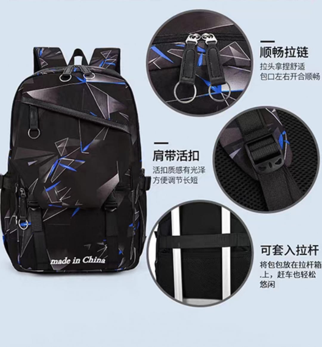 Black geometric backpack showing multiple pockets zippers and storage compartments
