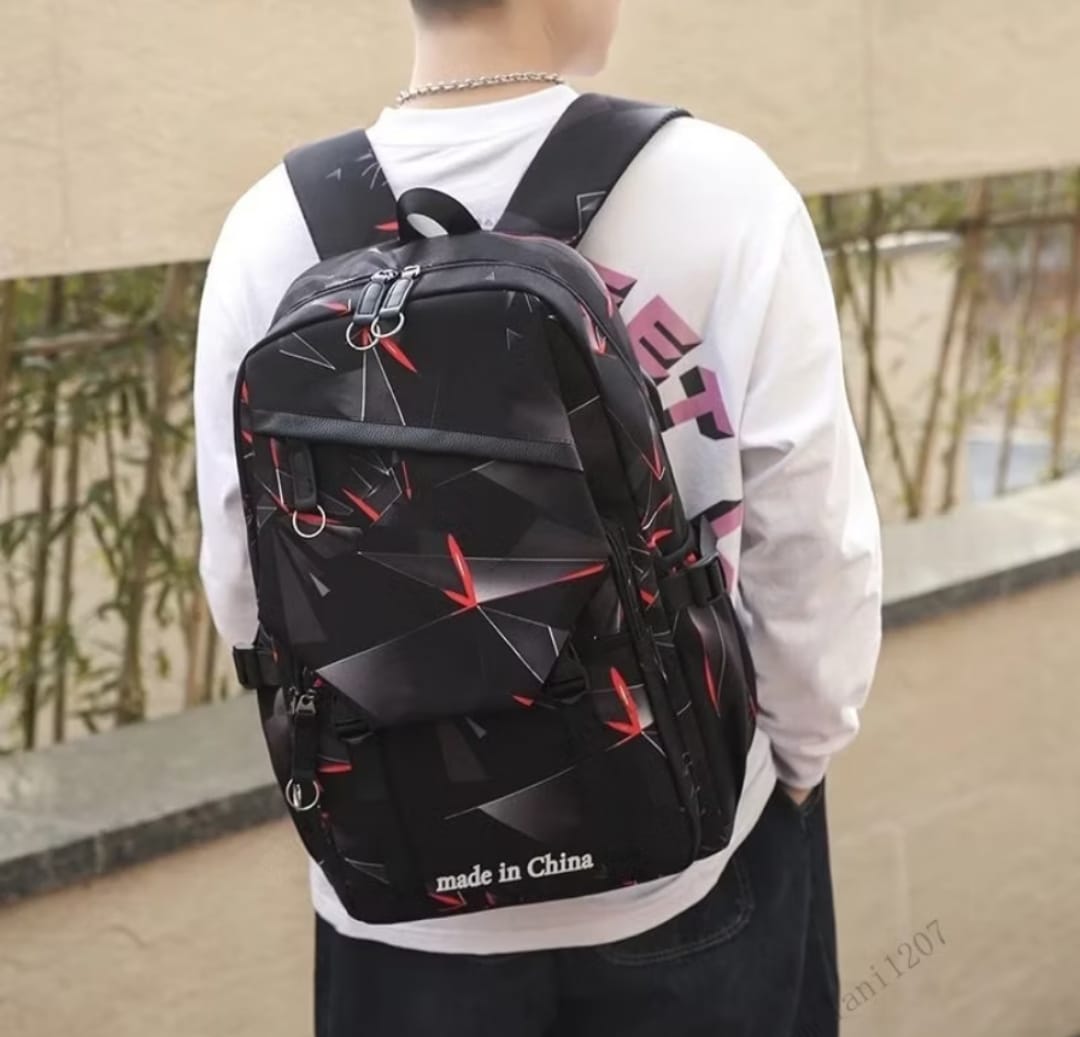 Black geometric laptop backpack with multiple storage compartments for school travel and work