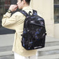 Black geometric travel backpack for men with multiple compartments and adjustable shoulder straps