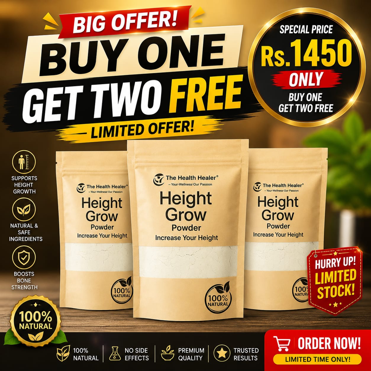 Shobhit Global Height Grow powder product with Buy One Get Two Free promotional packaging