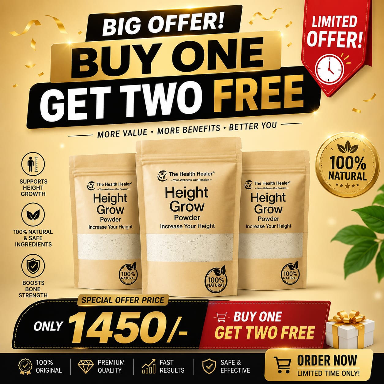 Height Grow powder product pack with Buy One Get Two Free promotional offer