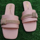 Pink women's flat sandals side view with comfortable flat sole