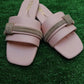 Pink women's sandals back view with stylish strap and flat sole