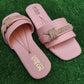 Pink women's flat sandals detailed view showing straps and sole design