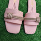 Pink women's flat sandals front view with stylish strap design