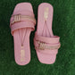 Pink women's flat sandals top view with decorative buckle straps