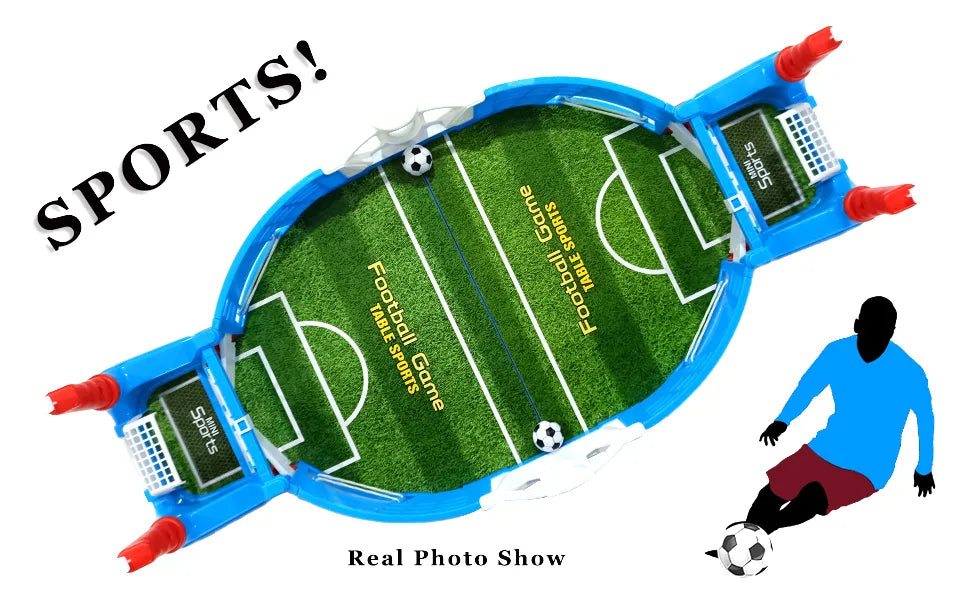 Portable double football tabletop game with colorful football field and player controls