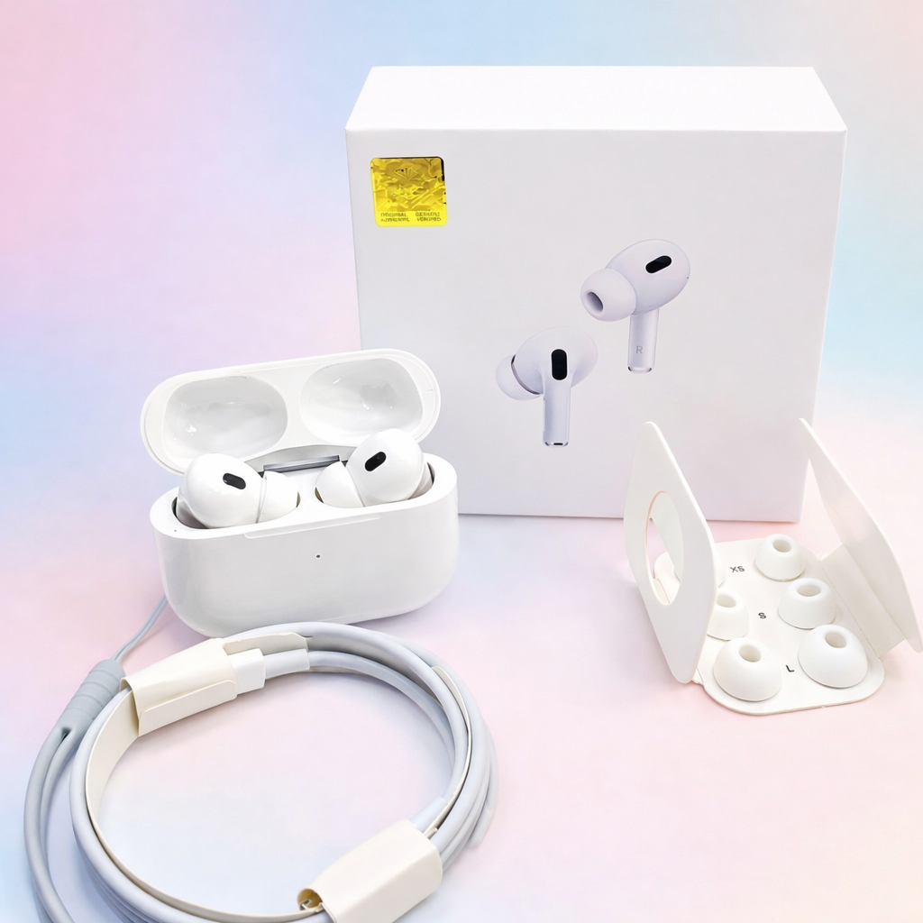 White wireless Bluetooth earbuds with charging case and charging cable
