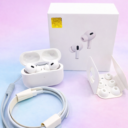 White wireless earbuds with charging case and USB charging cable