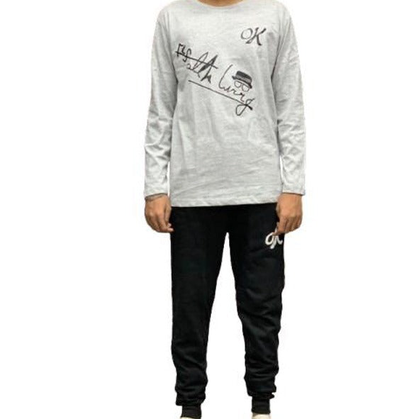 Front view of unisex black grey tracksuit set