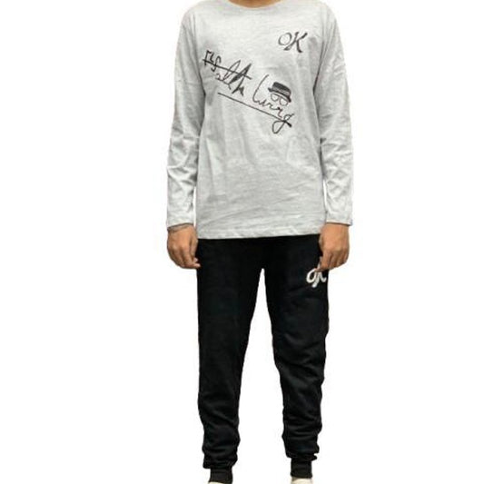 Front view of unisex black grey tracksuit set