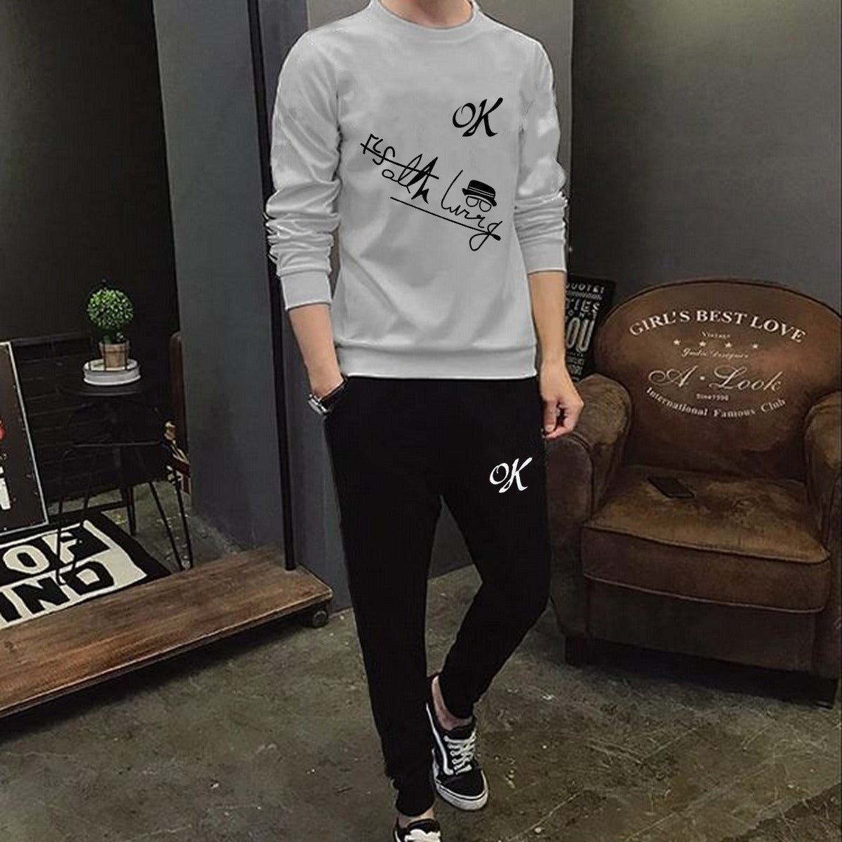 Unisex black grey tracksuit set with sweatshirt and jogger pants for men and women