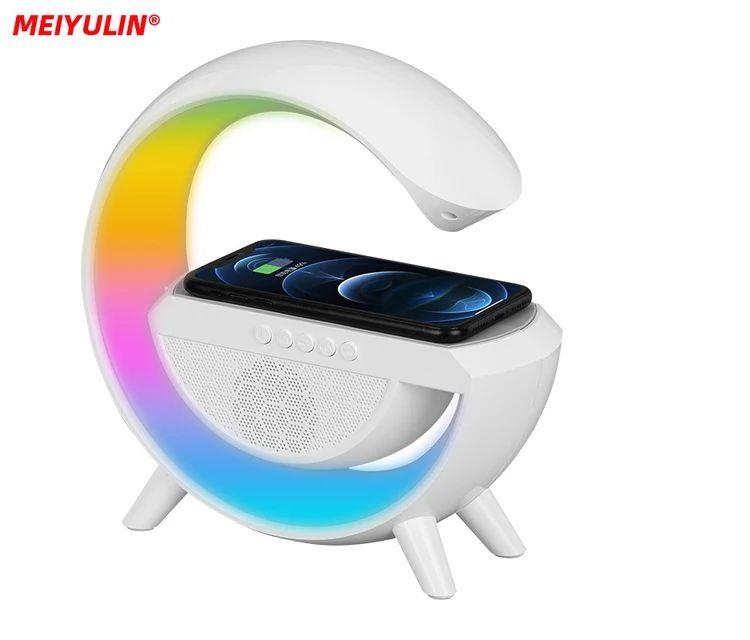 White RGB Bluetooth speaker with smartphone wireless charging stand and ambient night light