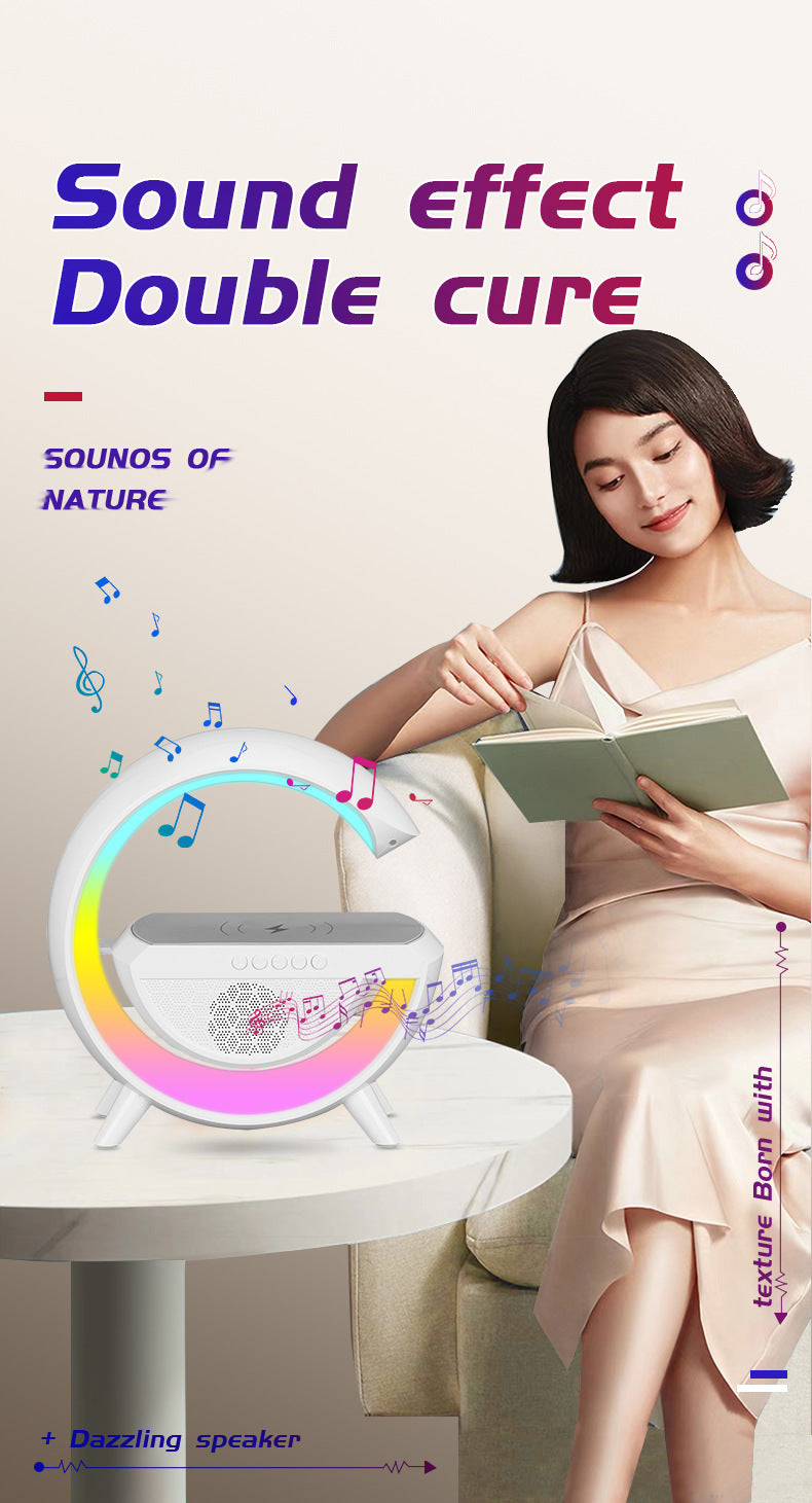 White RGB wireless Bluetooth speaker with double click sound effect control feature