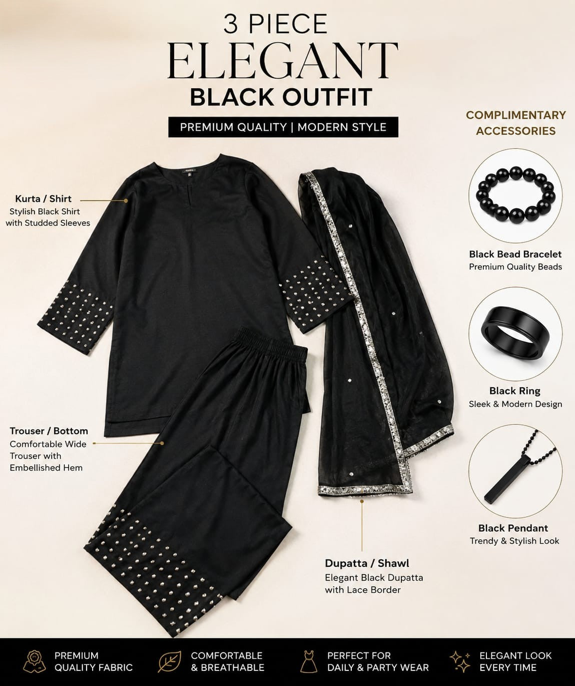 Women's black embroidered salwar kameez suit set with dupatta product details